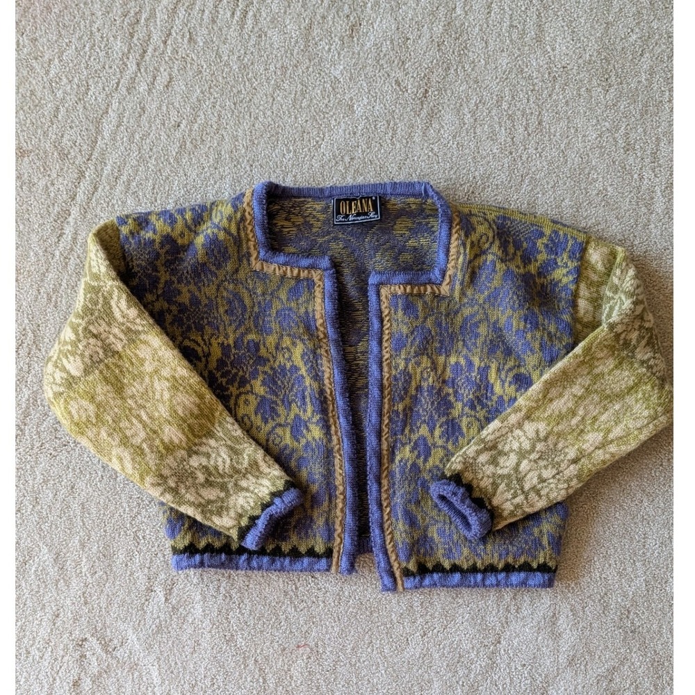 Oleana Norway Pure New Wool Cardigan Sweater Blue Green Floral Damask- Small